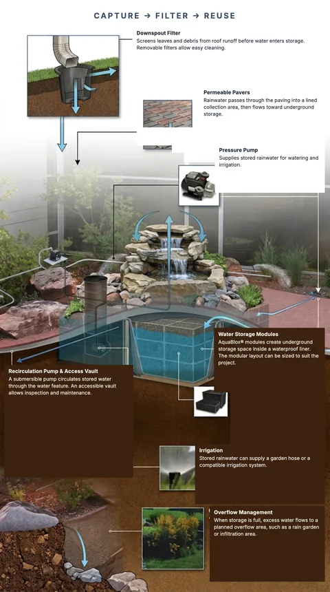 Cutaway of a rainwater system: capture at the downspout filter, store in AquaBlox, reuse through a pump and overflow
